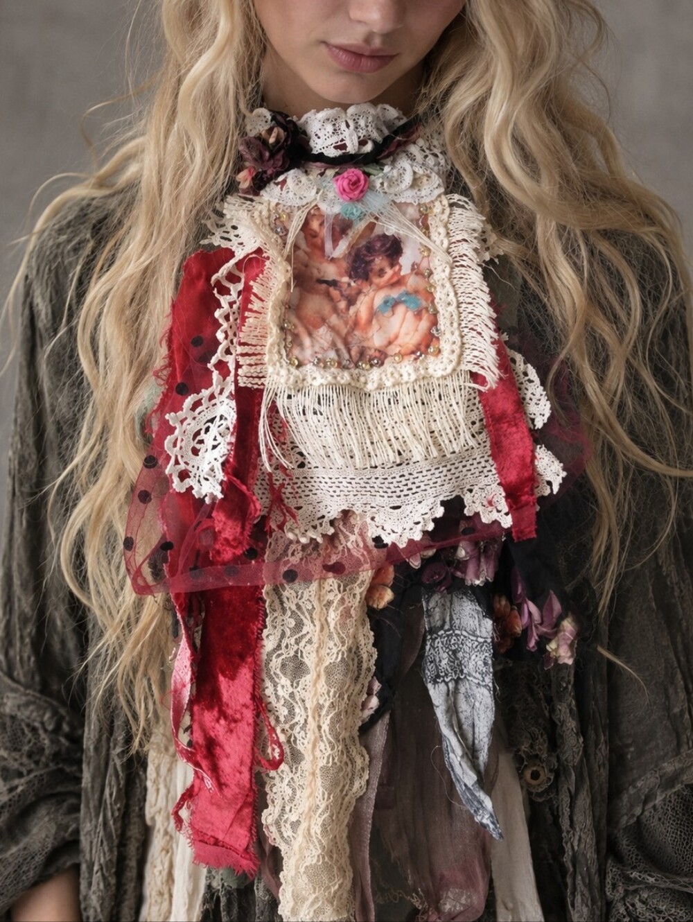 Victorian Jabot Avant-garde Vintage Lace Burgundy Velvet Angel Aplique